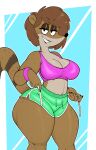  absurd_res anthro bedroom_eyes bottomwear breasts brown_body brown_fur cartoon_network cleavage clothed clothing female fur hi_res mammal mature_female narrowed_eyes procyonid raccoon regular_show seductive shorts thick_thighs usnarbit 