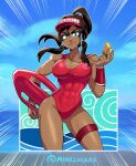  1girl alternate_costume avatar:_the_last_airbender avatar_legends biceps blue_eyes breasts brown_hair cleavage collarbone covered_abs dark-skinned_female dark_skin holding holding_whistle korra large_breasts lips long_hair looking_at_viewer mike_luckas muscular muscular_female one-piece_swimsuit ponytail red_one-piece_swimsuit solo swimsuit twitter_username whistle 