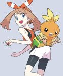  1girl bare_shoulders black_shorts blue_eyes bow brown_hair fanny_pack grey_background hair_bow highres holding holding_poke_ball looking_back may_(pokemon) open_mouth poke_ball pokemon pokemon_(creature) pokemon_(game) red_shirt rii_(mrhc7482) shirt shorts shorts_under_shorts sleeveless sleeveless_shirt torchic white_shorts 