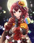  1girl anna_(fire_emblem) anna_(fire_emblem)_(cosplay) black_gloves cape cosplay finger_to_cheek fire_emblem fire_emblem_awakening fire_emblem_engage fire_emblem_heroes food-themed_hair_ornament full_moon gloves hair_ornament highres jack-o&#039;-lantern jack-o&#039;-lantern_ornament kakiko210 looking_at_viewer moon night official_alternate_costume official_art ponytail pump pumpkin_hair_ornament red_cape red_eyes red_hair smile star_(sky) star_sticker sticker_on_face 