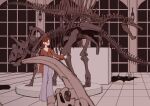  1girl animal_skeleton brown_hair choker dinosaur_skeleton earrings fire fossil grey_pants hanoco_ffg highres jewelry lamp long_hair no_mouth no_nose original pants shadow solo tile_floor tiles window yellow_footwear 