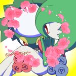  2girls artist_name blue_flower blue_rose bob_cut bright_pupils carrying colored_skin commentary_request eye_contact flower gardevoir green_hair green_skin hand_to_own_mouth hands_up hoshinonmi looking_at_another monster_girl multicolored_skin multiple_girls petals pink_flower pink_rose plant_girl pokemon pokemon_(creature) princess_carry red_eyes red_flower red_rose rose roserade short_hair signature standing twitter_username two-tone_skin white_hair white_pupils white_skin yellow_background 