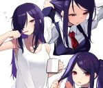  1girl absurdres adjusting_hair bartender black_vest blush breasts brushing_teeth bubble collarbone commentary_request cup hair_dryer hair_over_one_eye half-closed_eyes highres holding holding_cup holding_toothbrush jill_stingray large_breasts long_hair long_sleeves looking_at_viewer mug multiple_views necktie parted_lips purple_hair red_eyes red_necktie shirt simple_background swept_bangs tank_top toothbrush twintails upper_body va-11_hall-a vest white_background white_shirt white_tank_top yanagui 