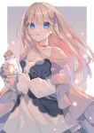  1girl blue_eyes bottle breasts choker collarbone dress earrings gradient_hair hair_ornament highres holding jewelry light_brown_hair long_hair long_sleeves looking_at_viewer multicolored_hair original parted_lips puffy_sleeves small_breasts solo white_dress x_hair_ornament yachishi_orca 