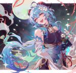  1girl ahoge bangs blue_hair breasts chinese_clothes closed_eyes eyebrows_hidden_by_hair flower ganyu_(genshin_impact) genshin_impact hair_between_eyes hair_flower hair_ornament highres holding holding_flower horns long_hair moon night night_sky oastlv open_mouth ponytail sky smile solo upper_body 