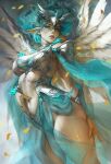  1girl aleriia_v aqua_eyes aqua_hair artist_name bracer breasts dutch_angle forehead_protector hair_between_eyes highres large_breasts lips long_hair long_pointy_ears looking_at_viewer navel original pelvic_curtain pointy_ears see-through solo web_address wings 