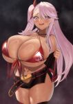  1girl absurdres aged_up alternate_breast_size bare_shoulders belt bikini black_skirt blood_hood blush breasts chloe_von_einzbern cleavage collarbone criss-cross_halter dark-skinned_female dark_skin fate/kaleid_liner_prisma_illya fate_(series) hair_between_eyes hair_ribbon halterneck highres huge_breasts long_hair looking_at_viewer microskirt navel off_shoulder one_side_up open_clothes open_mouth pink_eyes pink_hair red_bikini ribbon sidelocks skindentation skirt smile solo stomach_tattoo swimsuit tattoo thighhighs thighs 