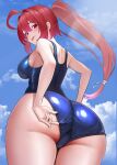  1girl :p adjusting_clothes adjusting_swimsuit ass back blue_sky breasts cloud cloudy_sky day dorachan_r good_ass_day hair_ornament hair_ribbon highres i-168_(kancolle) kantai_collection long_hair looking_back one-piece_swimsuit outdoors ponytail red_eyes red_hair ribbon school_swimsuit sky smile solo sunlight swimsuit tongue tongue_out 
