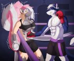  abs anthro belly_punching bodily_fluids boxing_gloves breasts canid canine canis cleavage clothed clothing duo dusky_fox female fighting_ring handwear hi_res male male/female mammal mephitid punch skunk sweat wolf 