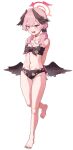  1boy 1girl absurdres angel angel_wings bare_legs barefoot bikini black_bikini black_bow black_wings blue_archive blush bow breasts collarbone fang feathered_wings floral_print front-tie_top full_body halo head_wings highres koharu_(blue_archive) koharu_(swimsuit)_(blue_archive) long_hair looking_at_viewer low_twintails low_wings multicolored_hair official_alternate_costume open_mouth pink_eyes pink_hair pink_halo print_bikini skin_fang swimsuit twintails wavy_mouth white_background wings yogu_(user_rxdx2445) 