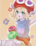  1girl 2others amitie_(puyopuyo) blonde_hair blush flower green_eyes heart highres looking_at_viewer multiple_others puyo_(puyopuyo) puyopuyo red_headwear remze short_hair sleeveless winged_hat 