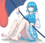  1girl absurdres bare_shoulders barefoot blue_eyes blue_hair blue_skirt blue_vest breasts closed_mouth feet full_body heterochromia highres holding holding_umbrella jail_7 karakasa_obake long_sleeves looking_at_viewer panties shirt short_hair simple_background sitting skirt smile soles solo tatara_kogasa toes touhou umbrella underwear vest white_background white_panties white_shirt 