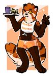  ailurid anthro border bottomwear brown_body brown_fur cheek_tuft clothing container crop_top cup facial_tuft femboy_hooters food fries fur gesture hotpants male mammal one_eye_closed orange_background orange_body orange_fur red_panda serving_tray shirt shorts simple_background sinsquest smile solo striped_body striped_fur stripes tan_body tan_fur topwear tuft v_sign white_border wide_eyed wink yellow_sclera 