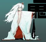  1girl absurdres blush breasts club_(weapon) fang floating_hair flower full_body gradient_background hair_flower hair_ornament highres horns japanese_clothes kimono long_hair looking_at_viewer naked_kimono navel oni oni_horns open_clothes open_kimono original small_breasts socks solo spider_lily spiked_club tabi weapon white_hair white_kimono white_socks yasoya88 