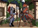  alley anthro armor axe biped canid canine canis domestic_dog dragonborn_(dnd) dungeons_and_dragons duo facial_scar female halberd hasbro hi_res horn husky jaclyn_(revertigo) kareed lamellar_armor leaning_on_object male mammal melee_weapon nordic_sled_dog plant plate_armor plume polearm scar scrapheap_(artist) shaded spitz sword village weapon wizards_of_the_coast wolf 