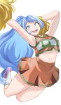  1girl :d absurdres arms_up blue_eyes blue_hair boku_no_hero_academia cheerleader crop_top fengling_(furin-jp) hadou_nejire highres holding holding_pom_poms jumping long_hair midair navel open_mouth orange_skirt pink_footwear pom_pom_(cheerleading) ponytail simple_background skirt smile solo u.a._cheerleader_uniform very_long_hair white_background 
