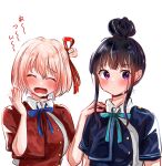  2girls :o absurdres alternate_hairstyle aqua_ribbon black_hair blonde_hair blue_dress blue_ribbon blush closed_eyes collared_shirt commentary_request dress grey_dress hair_bun hair_ribbon hand_on_another&#039;s_shoulder highres inoue_takina lycoris_recoil multiple_girls neck_ribbon nishikigi_chisato one_side_up open_mouth purple_eyes red_dress red_ribbon ribbon shirt short_hair short_sleeves sidelocks simple_background single_hair_bun sinkatutiya sweat two-tone_dress upper_body white_background white_shirt 