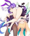  2girls animal_ears ass black_leotard blue_eyes bow bowtie breasts brown_pantyhose carrying closed_eyes detached_collar dragon_girl dragon_tail fairy_wings fake_animal_ears green_bow green_bowtie head_wings high_heels highleg highleg_leotard highres leotard long_hair mole mole_on_ass multiple_girls nijisanji nijisanji_en one_eye_closed open_mouth pantyhose playboy_bunny pointy_ears pomu_rainpuff purple_hair rabbit_ears rabbit_tail ricegnat selen_tatsuki simple_background smile tail virtual_youtuber white_background white_footwear wings wrist_cuffs 