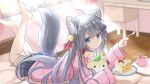  1girl ahoge animal_ear_fluff animal_ears arm_support barefoot bed bell blurry blurry_background bow cake cake_slice character_request cup day feet_up food fork from_side grey_bow grey_hair grey_skirt hair_bell hair_between_eyes hair_bow hair_ornament hair_ribbon hands_up highres holding holding_fork holding_plate indoors jingle_bell leaf leg_ribbon legs long_hair long_sleeves lying miniskirt mug neck_bell off-shoulder_sweater off_shoulder on_bed on_stomach pink_sleeves pink_sweater plaid plaid_skirt plate pleated_skirt red_ribbon ribbon single_bare_shoulder skirt solo straight_hair strawberry_cake sunlight sweater swept_bangs tail tail_raised thigh_ribbon white_ribbon wide_sleeves wooden_floor yukishiro_haku 