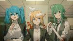  3girls aqua_eyes aqua_hair bandage_on_face bandaged_head bandages black_necktie blazer blonde_hair blood blood_on_clothes blood_on_face blood_on_wall blue_eyes bow dress_shirt expressionless green_eyes green_hair gumi hair_bow hatsune_miku highres indoors injury jacket jacket_on_shoulders kagamine_rin lapels long_hair multiple_girls necktie partially_unbuttoned pointing shirt short_hair short_hair_with_long_locks sleeves_rolled_up smile twintails vest vocaloid wounds404 
