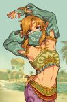  blonde_hair blue_eyes clothed clothing crossdressing day detailed_background elf gerudo_outfit girly grass hair hi_res humanoid humanoid_pointy_ears hylian jewelry kaitexel light_body light_skin link long_hair looking_at_viewer male navel necklace nintendo not_furry palm_tree plant solo the_legend_of_zelda tree veil water 