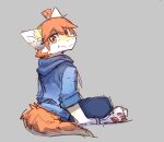  anthro blue_bottomwear blue_clothing blue_hoodie blue_pants blue_topwear bottomwear clothed clothing dipstick_ears dragon full-length_portrait fur furred_dragon glistening glistening_eyes grey_background hair hi_res hoodie kutto kuttoyaki looking_at_viewer male mouth_closed multicolored_ears orange_body orange_eyes orange_fur orange_hair pants pawpads portrait red_pawpads simple_background sitting solo three-quarter_view topwear white_body white_fur yellow_body yellow_fur 