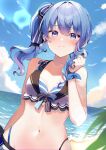 1girl beach bikini blue_eyes blue_hair blue_nails blue_sky blush breasts closed_mouth cloud collarbone day earrings highres hololive hololive_summer_2023_swimsuit hoshimachi_suisei jewelry looking_at_viewer navel ocean outdoors shinomiya_shino_(sinosino141) side_ponytail sidelocks sky small_breasts smile solo star_(symbol) star_earrings star_in_eye stomach swimsuit symbol_in_eye virtual_youtuber 