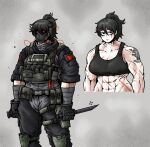  1girl abs ammunition_pouch black_hair dual_wielding gloves glowing glowing_eyes highres holding knife looking_at_viewer mask muscular muscular_female octosoup original plate_carrier pouch red_eyes scar scar_across_eye shoulder_tattoo simple_background sleeves_rolled_up solo sparkle tactical_clothes tank_top tattoo 