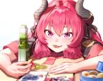  1girl black_bow black_cola black_shirt blue_archive bottle bow commentary_request cookie demon_horns eyebrows_hidden_by_hair food food_in_mouth gradient_background grey_background hair_between_eyes hair_bow holding holding_food horns junko_(blue_archive) long_hair low_twintails pink_hair purple_eyes shirt short_sleeves solo thumbprint_cookie twintails upper_body white_background 