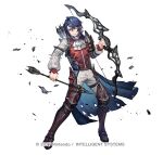  1boy alcryst_(fire_emblem) armor arrow_(projectile) ascot blue_hair bow_(weapon) fire_emblem fire_emblem_engage fire_emblem_heroes full_body hair_between_eyes hair_ornament hairclip holding holding_bow_(weapon) holding_weapon long_sleeves male_focus official_art one_eye_closed pants red_eyes red_vest senano-yu shirt short_hair shoulder_armor sidelocks solo standing torn_clothes vest waist_cape watermark weapon white_ascot white_background white_pants white_shirt 