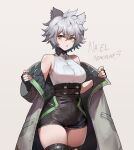  1girl animal_ears breasts cat_ears cat_girl chest_jewel clothing_cutout core_crystal_(xenoblade) crystal diamond_cutout fingerless_gloves gloves high-waist_shorts highres looking_at_viewer medium_breasts messy_hair na&#039;el_(xenoblade) nyantcha parted_lips romper short_hair short_shorts shorts solo thick_thighs thighhighs thighs xenoblade_chronicles_(series) xenoblade_chronicles_3 xenoblade_chronicles_3:_future_redeemed yellow_eyes 