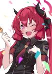  1girl absurdres black_horns black_shirt blue_archive blush collared_shirt dango demon_horns fang food highres holding holding_food horns junko_(blue_archive) long_hair mitarashi_dango mizumok1 necktie one_eye_closed open_mouth pointy_ears red_eyes red_hair red_necktie shirt short_sleeves simple_background skin_fang smile solo twintails upper_body wagashi white_background 