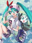  1girl absurdres beanie bracelet cellphone collared_shirt commentary_request crossover eyelashes gloves green_eyes green_hair hair_between_eyes hand_up hat hatsune_miku headphones highres holding holding_phone jayj_824 jewelry long_hair meloetta partially_fingerless_gloves phone plaid plaid_skirt poke_ball_print pokemon pokemon_(creature) project_voltage shirt shoes short_sleeves single_glove skirt socks twintails vocaloid white_footwear white_headwear 