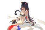  1girl absurdres animal_ears arm_support ball bare_shoulders beachball bikini black_hair black_nails blush breasts cat cat_ears cat_girl cat_tail choker cleavage colored_inner_hair halterneck hat heterochromia highleg highleg_bikini highres long_hair low_twintails lucadark_art medium_breasts multicolored_hair navel open_mouth original paw_print red_eyes sitting smile solo straw_hat swimsuit tail twintails yellow_eyes 