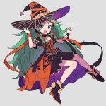  1girl black_dress black_footwear black_ribbon candy_hair_ornament do_m_kaeru dress fire_emblem fire_emblem:_three_houses fire_emblem_heroes flat_chest food-themed_hair_ornament green_eyes green_hair hair_ornament hair_ribbon hat hat_ornament holding holding_clothes holding_hat long_hair looking_at_viewer multicolored_clothes multicolored_dress official_alternate_costume open_mouth orange_dress purple_dress ribbon smile solo sothis_(fire_emblem) sothis_(halloween)_(fire_emblem) star_(symbol) star_hat_ornament very_long_hair witch witch_hat 