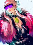  alternate_costume black_feathers blunt_bangs breasts cleavage covered_eyes feather_boa feathers highres looking_to_the_side manon_(street_fighter) medal official_alternate_costume parted_lips pink_feathers pink_hair short_hair sidelocks street_fighter street_fighter_6 sunglasses white_background yohane_shimizu 