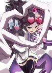  1girl asymmetrical_hair black_hair duel_monster gloves goggles goggles_on_head heart highres lab_coat mechanical_arms multicolored_hair necktie open_mouth pink_eyes shorts smile solo symbol-shaped_pupils test_tube thighhighs ura_suka_nd vanquish_soul_dr._mad_love very_long_sleeves white_hair yu-gi-oh! 