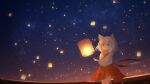  1girl animal_ears cat_ears cat_girl cat_tail chinese_commentary closed_mouth commentary_request highres japanese_clothes kimono lantern looking_at_viewer original outdoors paper_lantern red_eyes red_skirt rune_xiao scenery short_hair signature skirt sky smile solo star_(sky) starry_sky tail thighhighs white_hair white_kimono white_thighhighs 