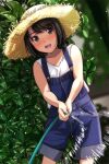  1girl bare_shoulders black_hair blue_overalls blurry blush brown_eyes cowboy_shot day denim depth_of_field hat highres holding holding_hose hose jeans looking_at_viewer matsunaga_kouyou nose_blush open_mouth original outdoors overalls pants shirt short_hair smile solo straw_hat teeth upper_teeth_only vegetation 
