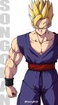  1boy absurdres artist_name biceps black_wristband blonde_hair character_name clenched_hand closed_mouth collarbone commentary_request cowboy_shot dougi dragon_ball dragon_ball_super dragon_ball_super_super_hero frown green_eyes highres horang4628 korean_commentary looking_at_viewer male_focus muscular muscular_male pectorals red_sash sash serious simple_background solo son_gohan spiked_hair standing super_saiyan super_saiyan_1 twitter_username v-shaped_eyebrows white_background wristband 