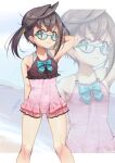  1girl adapted_costume aqua-framed_eyewear aqua_bow aqua_bowtie black_hair bow bowtie brown_shirt casual_one-piece_swimsuit crop_top feet_out_of_frame glasses green_eyes highres kantai_collection multicolored_hair okinami_(kancolle) okinami_kai_ni_(kancolle) one-piece_swimsuit pink_hair pink_one-piece_swimsuit shirt short_hair side_ponytail sleeveless sleeveless_shirt solo swimsuit swimsuit_skirt yashin_(yasinz) zoom_layer 
