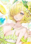  1girl absurdres bare_shoulders blonde_hair breasts cleavage floating floating_object flower food fruit hair_flower hair_ornament hand_up highres jewelry juice large_breasts lemon looking_at_viewer necklace no_bra one_eye_covered original parted_lips rwael short_hair sleeveless solo water_drop white_background yellow_eyes 