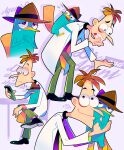  2boys aqua_pants aqua_skin artist_name black_shirt brown_hair brown_headwear character_name fedora hat heinz_doofenshmirtz lab_coat multiple_boys multiple_persona orange_tail otoe_(milkyboy_inc.) pants perry_the_platypus phineas_and_ferb phone platypus shirt short_hair 