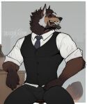  anthro beard bottomwear brown_body brown_fur brown_hair canid canine canis clothed clothing collared_shirt digital_media_(artwork) facial_hair fur hair hi_res male mammal multicolored_body multicolored_fur muscular muscular_anthro muscular_male necktie open_mouth pants phinnherz shirt simple_background sitting smile solo tail tan_body tan_fur teeth topwear vest white_body white_clothing white_fur white_shirt white_topwear wolf 
