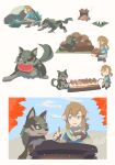  blonde_hair blue_eyes breath_of_the_wild canid canine canis cooking cuff_(restraint) duo feral food fur grey_body grey_fur hair hi_res human link link_(wolf_form) male mammal meat nintendo onigiri piercing restraints rice_ball shackles simple_background taka_fin9623 the_legend_of_zelda wolf 