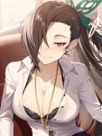  1girl alternate_costume blush bra breasts brown_eyes brown_hair cleavage cluseller collared_shirt fire_emblem fire_emblem_fates hair_over_one_eye highres kagero_(fire_emblem) large_breasts long_hair long_sleeves looking_at_viewer office_lady ponytail shirt smile solo underwear white_shirt 