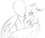  2023 anon_(snoot_game) anthro bald black_and_white blush clothing dialogue dinosaur duo embrace english_text eyelashes fang_(gvh) feathered_wings feathers female goodbye_volcano_high hair hi_res hug human jacket jewelry long_hair long_snout male male/female mammal monochrome necklace pterodactylus pterosaur reptile scalie smile snoot_game_(fan_game) snout text topwear unknown_artist using_wings wing_hug wings 