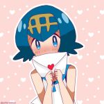  1girl bare_arms blue_eyes blue_hair blue_sailor_collar blush bright_pupils commentary_request envelope hairband hands_up heart holding holding_envelope lana_(pokemon) looking_at_viewer mizu_majuu_(waterman10) no_sclera outline pokemon pokemon_(game) pokemon_sm sailor_collar shirt short_hair sleeveless sleeveless_shirt solo twitter_username upper_body watermark white_pupils white_shirt yellow_hairband 