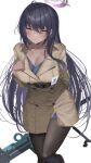  1girl alternate_costume black_hair black_pantyhose blue_archive blush breasts brown_coat cleavage closed_mouth coat collarbone commentary ear_piercing halo highres karin_(blue_archive) large_breasts long_hair long_sleeves looking_at_viewer office_lady pantyhose piercing shougun_(chuckni1) simple_background solo thighs weapon white_background yellow_eyes 