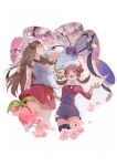  2girls :d absurdres beautifly brown_hair butterfree cherubi closed_eyes closed_mouth commentary_request day falling_petals flower from_below hat highres leaf_(pokemon) long_hair lyra_(pokemon) mew_(pokemon) multiple_girls open_mouth outdoors overalls petals pink_flower pleated_skirt pokemon pokemon_(creature) pokemon_(game) pokemon_frlg pokemon_hgss red_skirt sapphire_ethu shirt skirt sleeveless sleeveless_shirt smile twintails white_headwear 
